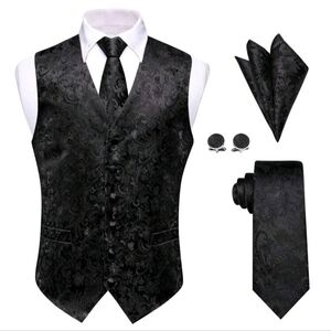 Elegant Black Paisley Vest and Tie Set XXL